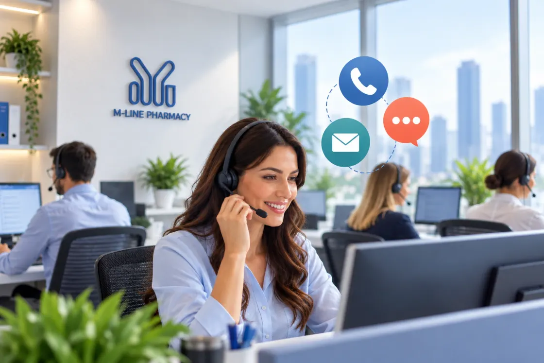 M-Line Pharmacy team member taking a call