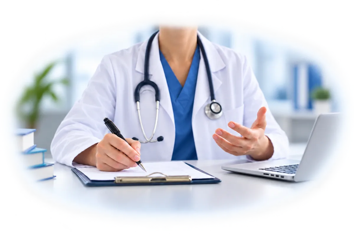 Healthcare practitioner writing on a clipboard
