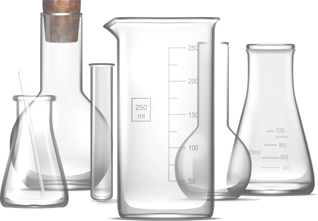 Laboratory glassware: beaker, flasks and test tube